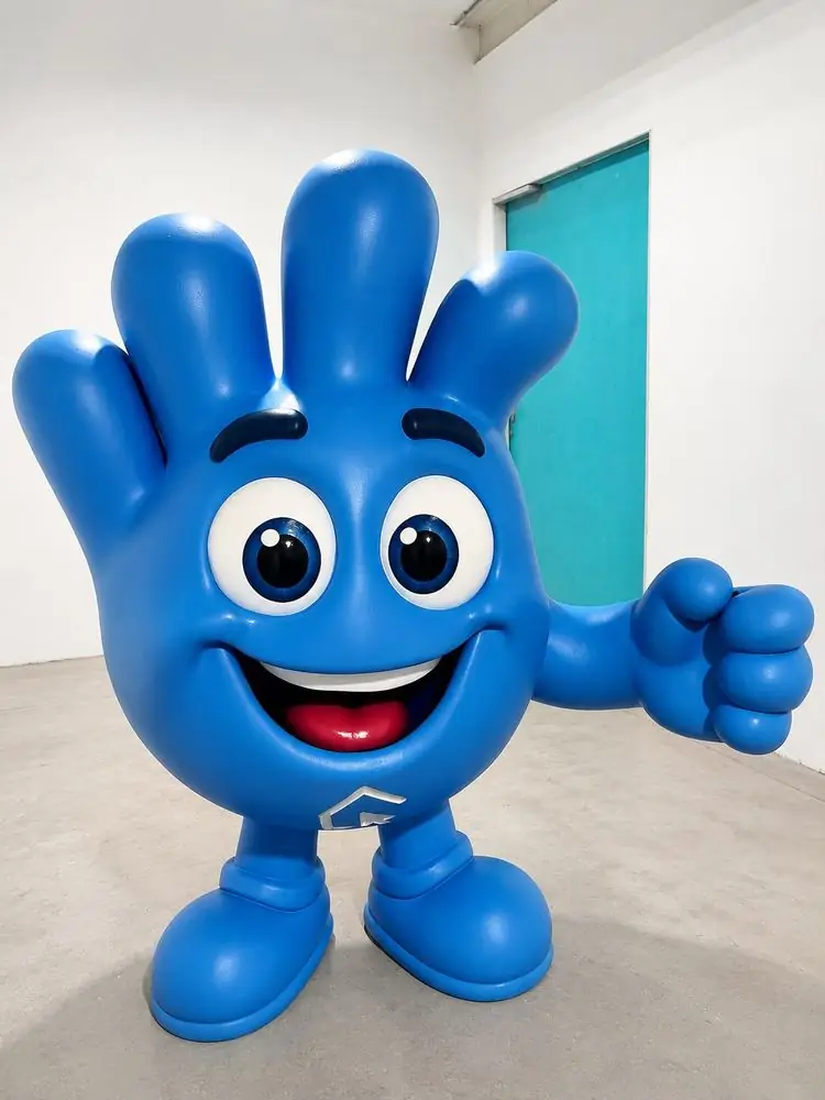 Mascota corpórea de mano azul para marca